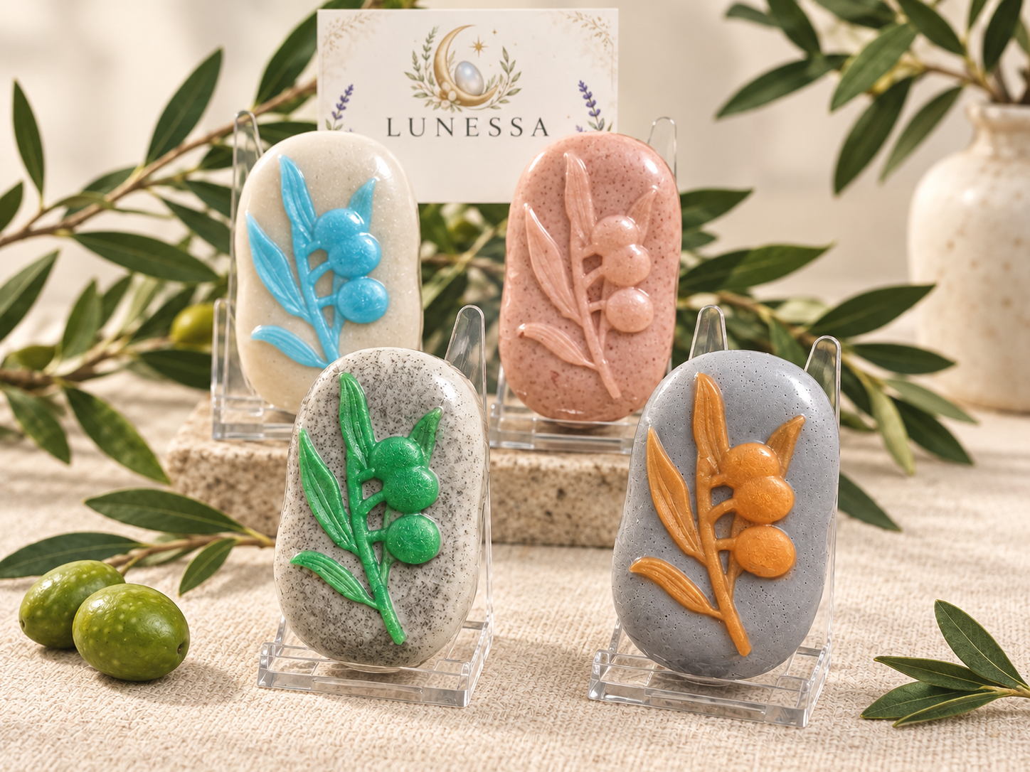 Colección de jabones faciales LUNESSA de arcilla verde, rosa, blanca y carbón activo